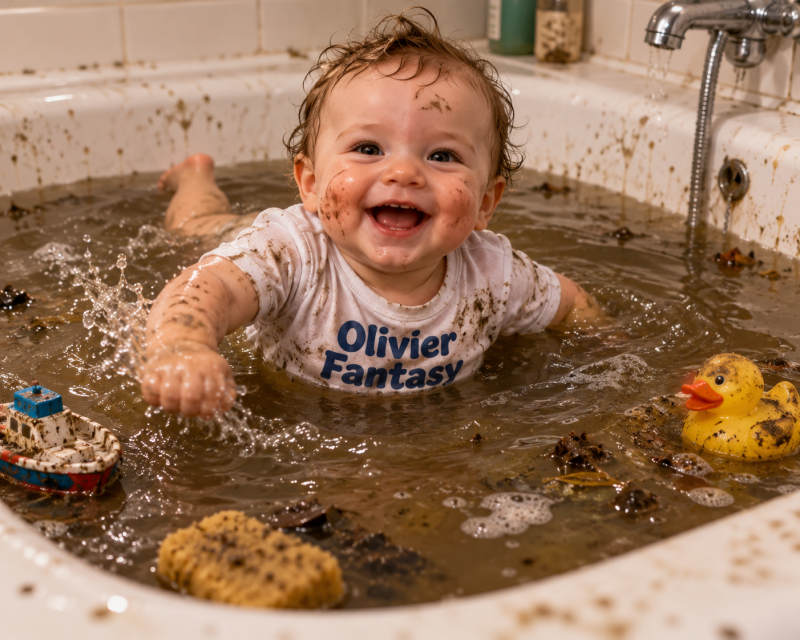 Bébé Olivier dans son bain boueux.png